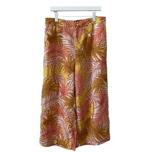 Tahari 100% Linen Yellow Palm Wide Leg Cropped Pull On Pant Size Medium Tropical